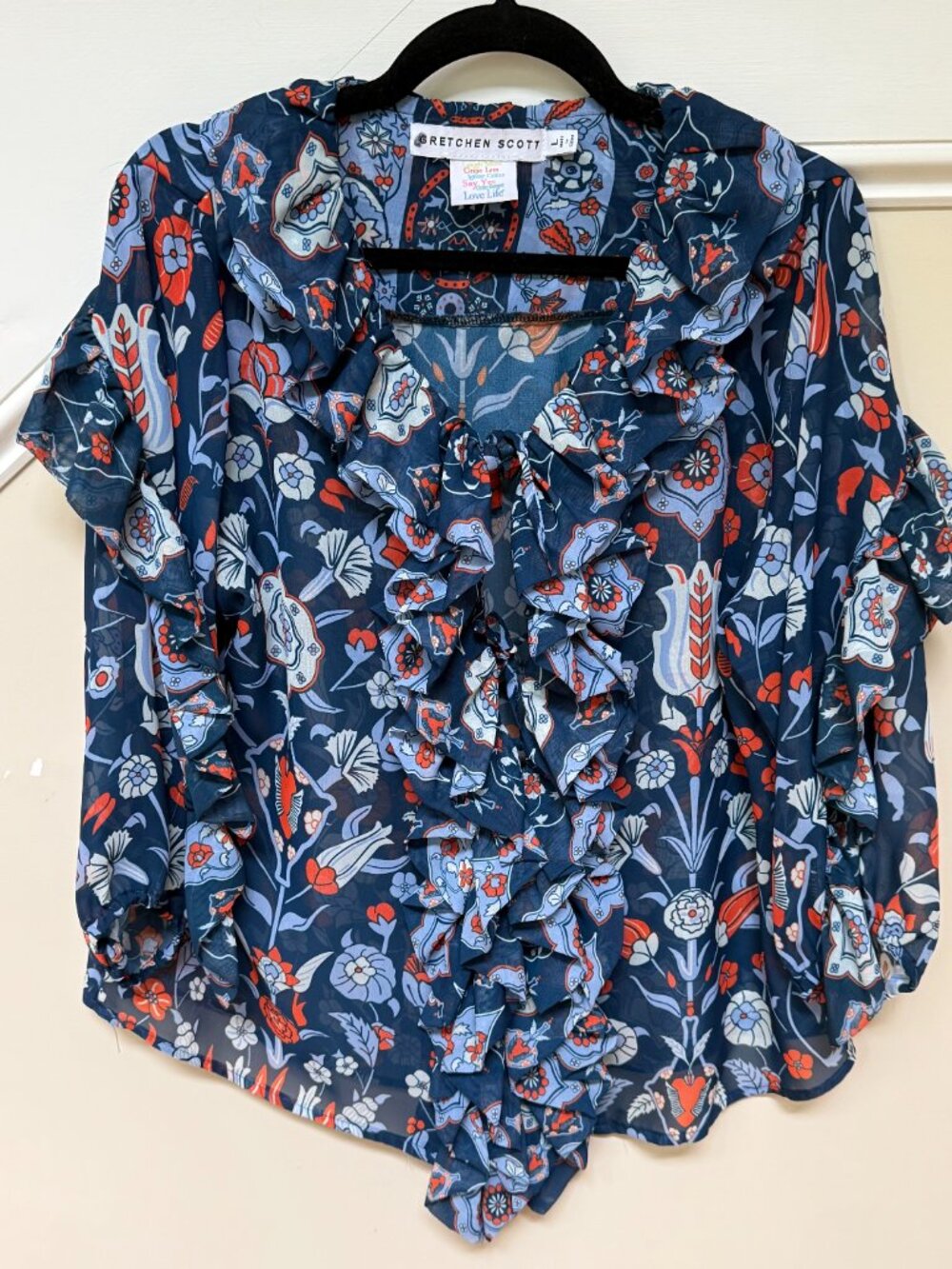 Gretchen Scott Blouse Orange Blue Floral Tie Front Ruffles Rufflestiltskin (L)